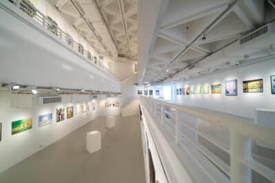 A spacious, modern art gallery with white walls and ceilings, displaying colorful paintings on both upper and lower levels, with railings and bright lighting throughout.