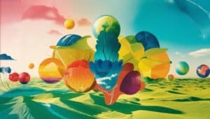 A surreal landscape features colorful, floating spheres and abstract organic shapes above rolling, textured green hills, with a vibrant sky blending pink, blue, and yellow hues.