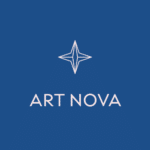 White geometric star icon above the words ART NOVA in uppercase letters, centered on a solid blue background. Inspired by About Studio 83, this design blends modern elegance with timeless simplicity.
