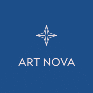 White geometric star icon above the words ART NOVA in uppercase letters, centered on a solid blue background. Inspired by About Studio 83, this design blends modern elegance with timeless simplicity.